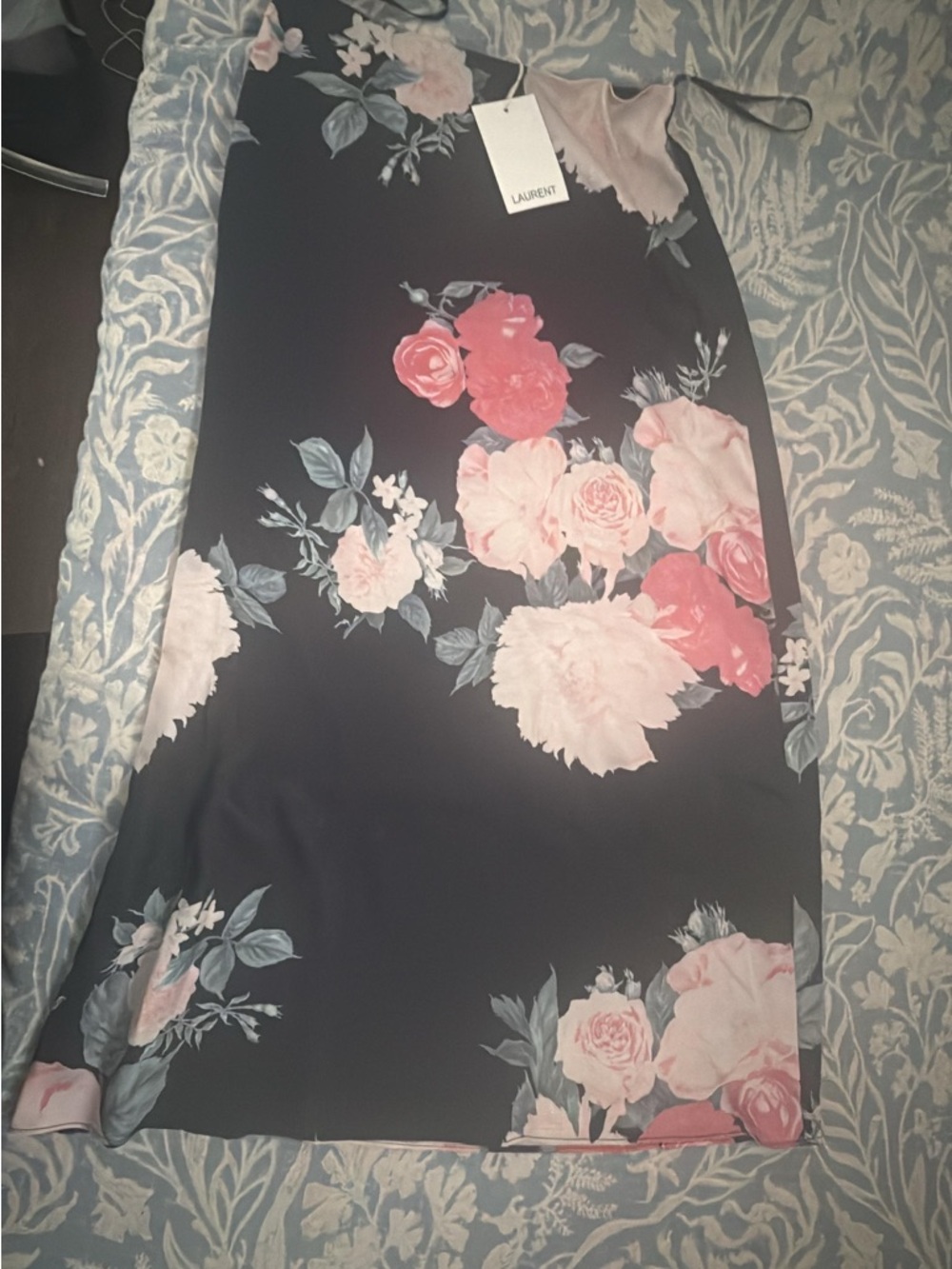 Laurent Floral Satin Slip Skirt in Black with Pink Roses